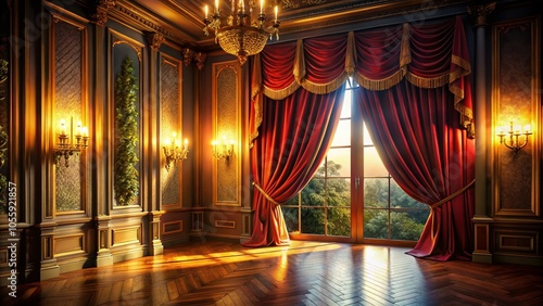 Rich Warm Lighting with Velvet Curtains for Traditional Performance Visuals - Stock Photo