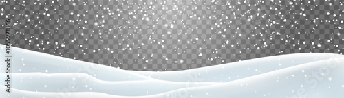 Snow flakes, snow and blizzard falling on snowdrifts. Snow landscape decoration, frozen hills isolated on png background. Vector heavy snowfall with snowbanks field. Christmas vector illustration