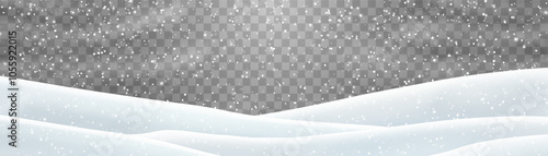 Snow flakes, snow and blizzard falling on snowdrifts. Snow landscape decoration, frozen hills isolated on png background. Vector heavy snowfall with snowbanks field. Christmas vector illustration