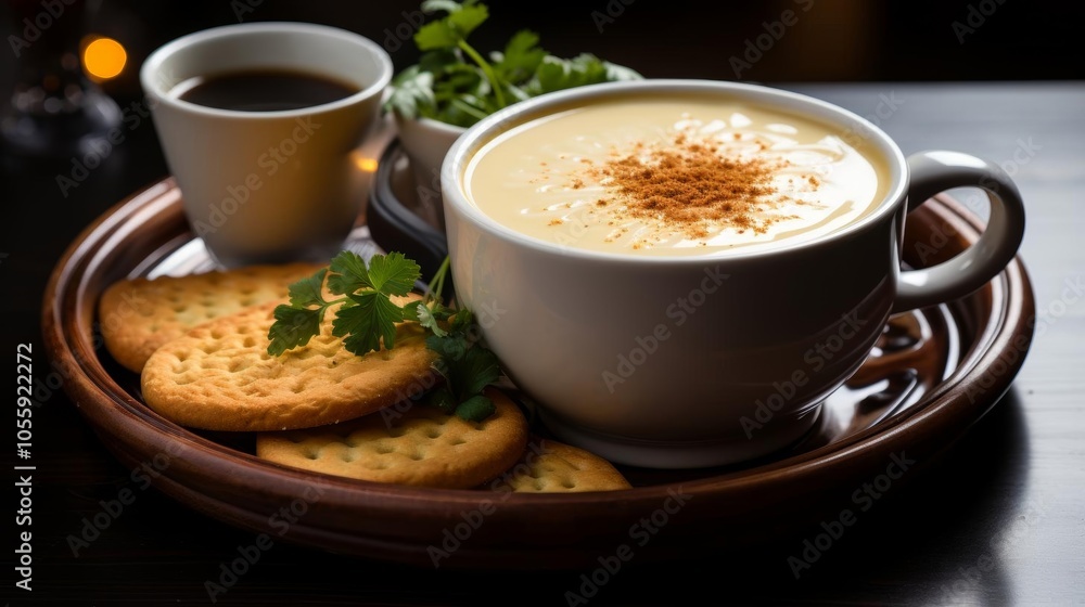 A plate of food with a white bowl of soup and a brown tray of crackers A plate of food with a white bowl of soup and a brown tray of crackers
