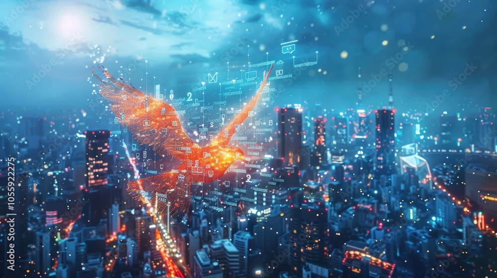 Fototapeta premium Digital Phoenix Rising Over Cityscape: Symbol of Change in Tech and Business Innovation
