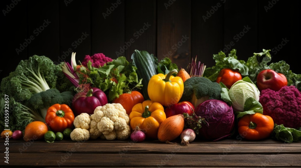A variety of vegetables are displayed on a wooden table, including broccoli A variety of vegetables are displayed on a wooden table, including broccoli