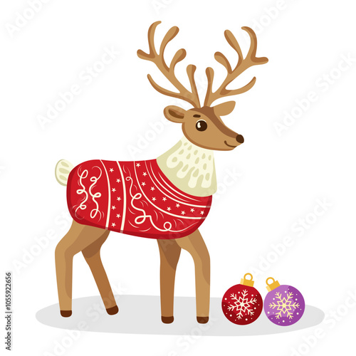 Christmas, New Year reindeer with Christmas tree balls Vector illustration of a reindeer with antlers and for decorating cards, banners and festive packages Isolated on a white background