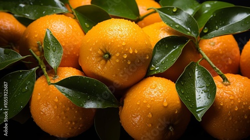 A bunch of oranges with green leaves on top