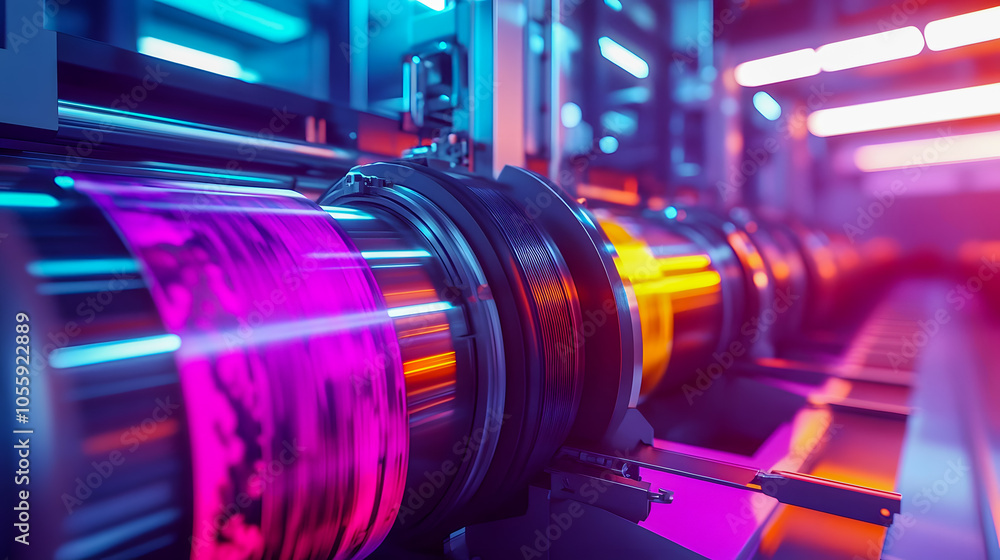 Vibrant Industrial Printing Process with Neon Lighting Vibrant Industrial Printing Process with Neon Lighting