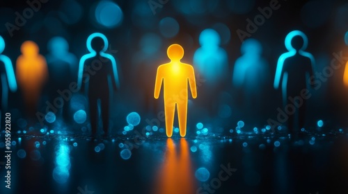 A conceptual photo of a human figure icon in a group of divers people standing out, symbolizing recruitment or talent selection