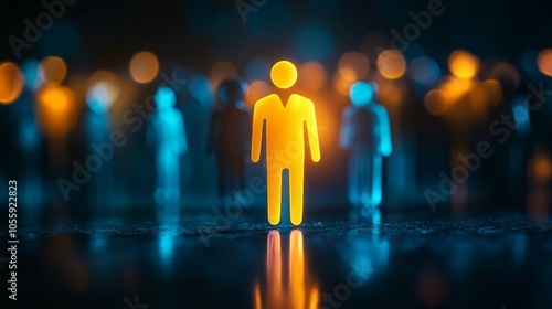 A conceptual photo of a human figure icon in a group of divers people standing out, symbolizing recruitment or talent selection