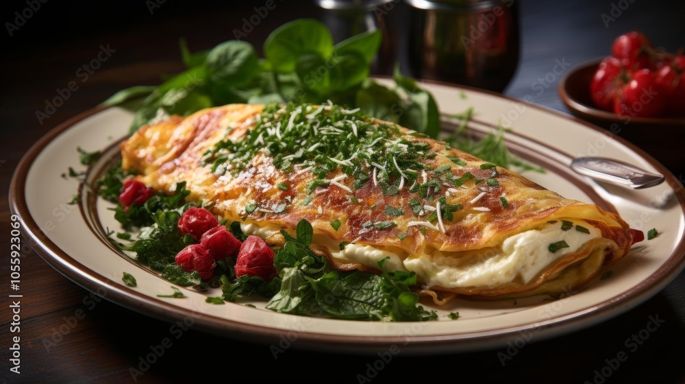 A plate of food with a large omelet and a side of spinach A plate of food with a large omelet and a side of spinach