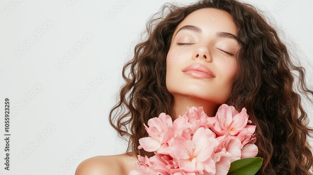A woman with curly hair enjoys the fragrance of pink flowers while relaxing in a serene indoor setting during daylight A woman with curly hair enjoys the fragrance of pink flowers while relaxing in a serene indoor setting during daylight