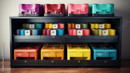 A colorful display of office supplies, including a variety of colored binders