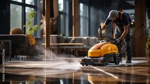 A man is cleaning a floor with a machine