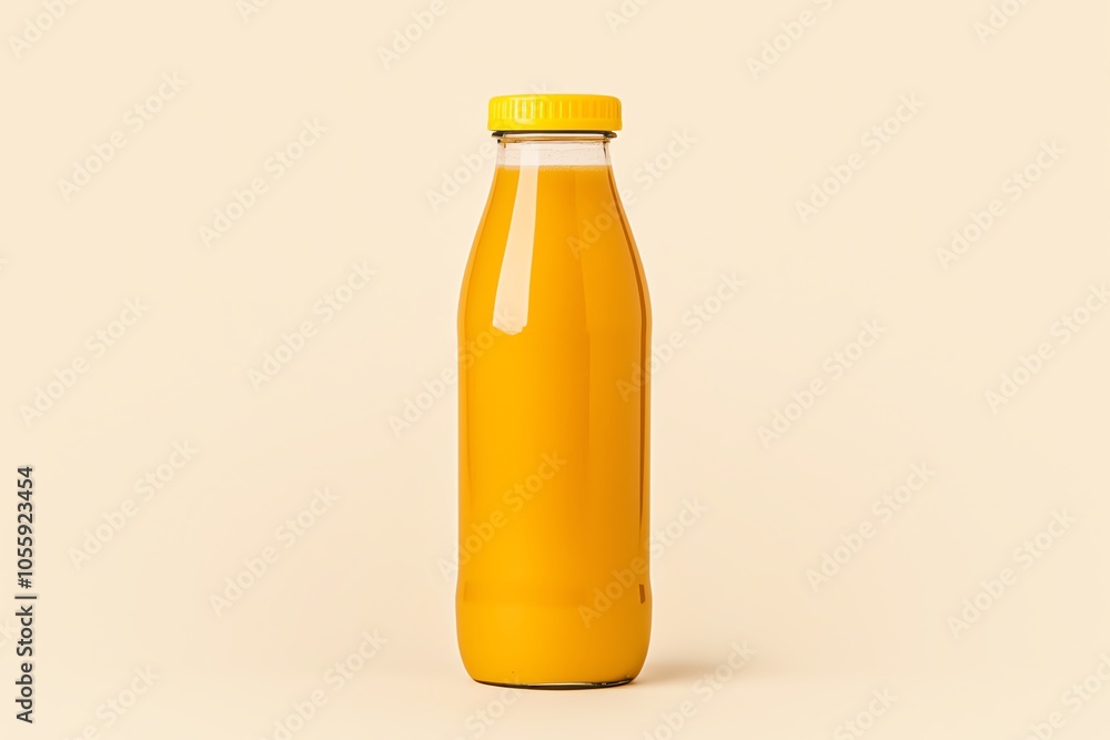 Vibrant glass bottle filled with fresh orange juice, showcasing its rich color against a simple background. Vibrant glass bottle filled with fresh orange juice, showcasing its rich color against a simple background.