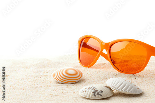 Bright orange sunglasses resting on soft sand beside seashells, perfect for summer beach vibes and relaxation. photo