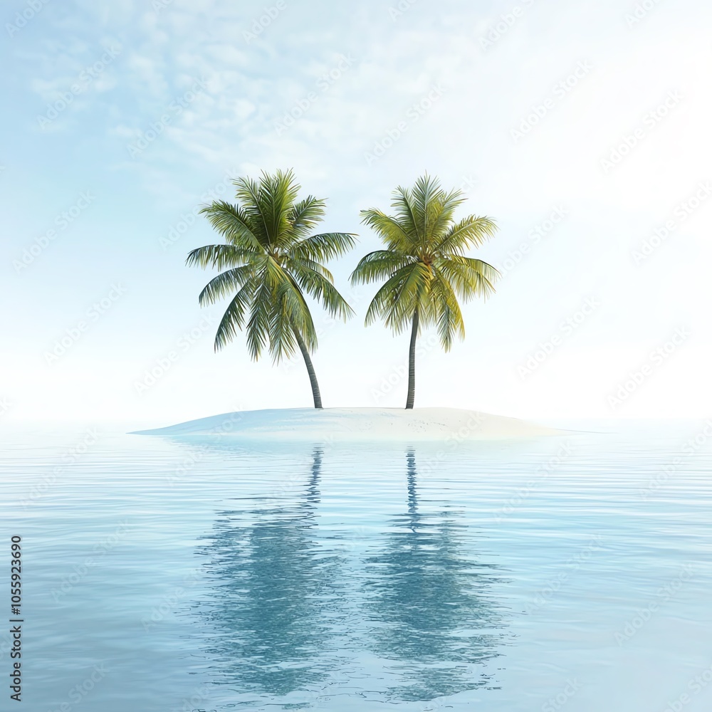 Serene tropical island with two palm trees reflected in calm blue water under a clear sky. Perfect for relaxation and travel themes. Serene tropical island with two palm trees reflected in calm blue water under a clear sky. Perfect for relaxation and travel themes.