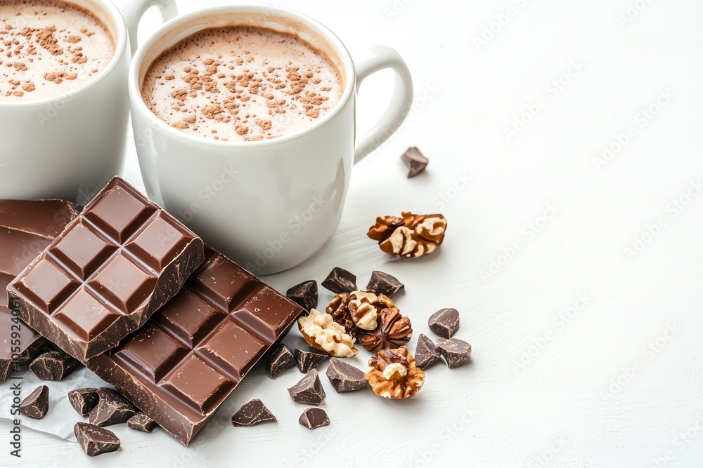 Delicious hot chocolate served with chocolate bars and nuts, perfect for a cozy evening treat or dessert. Delicious hot chocolate served with chocolate bars and nuts, perfect for a cozy evening treat or dessert.