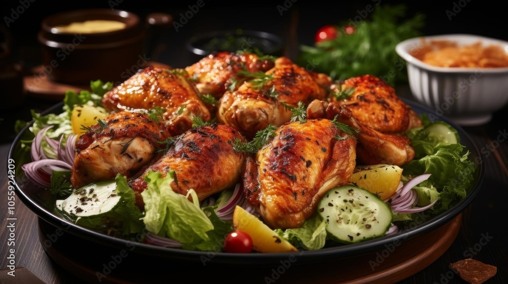 A plate of chicken and vegetables is on a table A plate of chicken and vegetables is on a table
