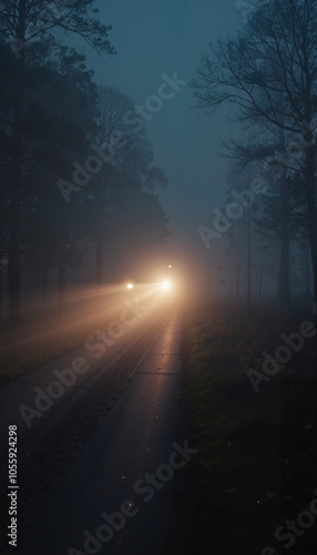 Foggy Forest Road with Mysterious Car Headlights in Moody Blue Twilight