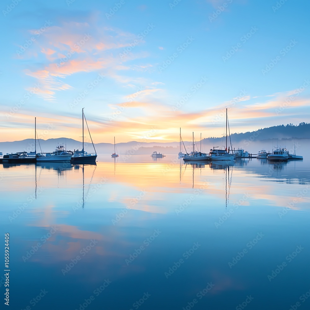 Serene harbor scene at dawn with tranquil waters reflecting boats and a colorful sky, creating a peaceful atmosphere. Serene harbor scene at dawn with tranquil waters reflecting boats and a colorful sky, creating a peaceful atmosphere.