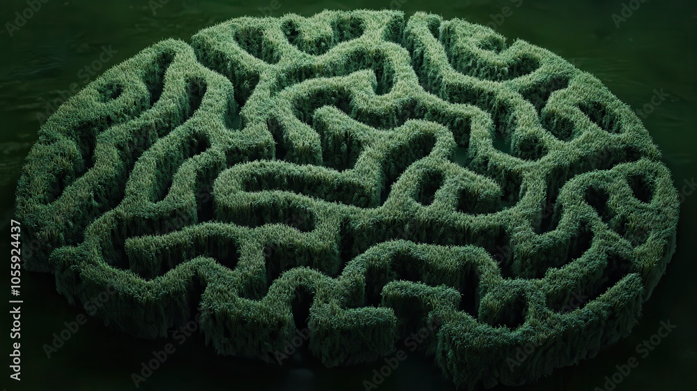 An artistic hedge maze shaped like a human brain, symbolizing complexity, intelligence, and the intricacies of thought processes, surrounded by lush greenery. An artistic hedge maze shaped like a human brain, symbolizing complexity, intelligence, and the intricacies of thought processes, surrounded by lush greenery.