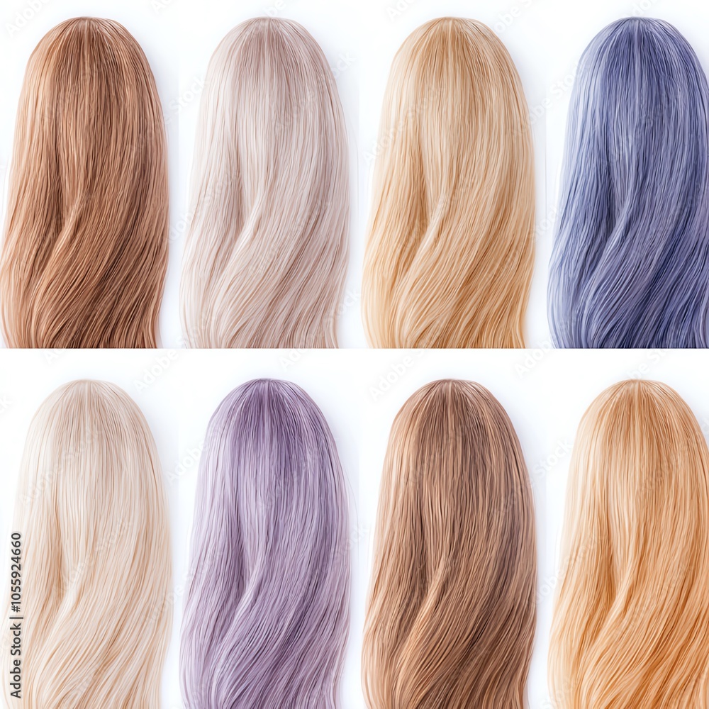 A collection of vibrant hair colors displayed in styled waves, showcasing a variety of shades from blonde to purple. A collection of vibrant hair colors displayed in styled waves, showcasing a variety of shades from blonde to purple.