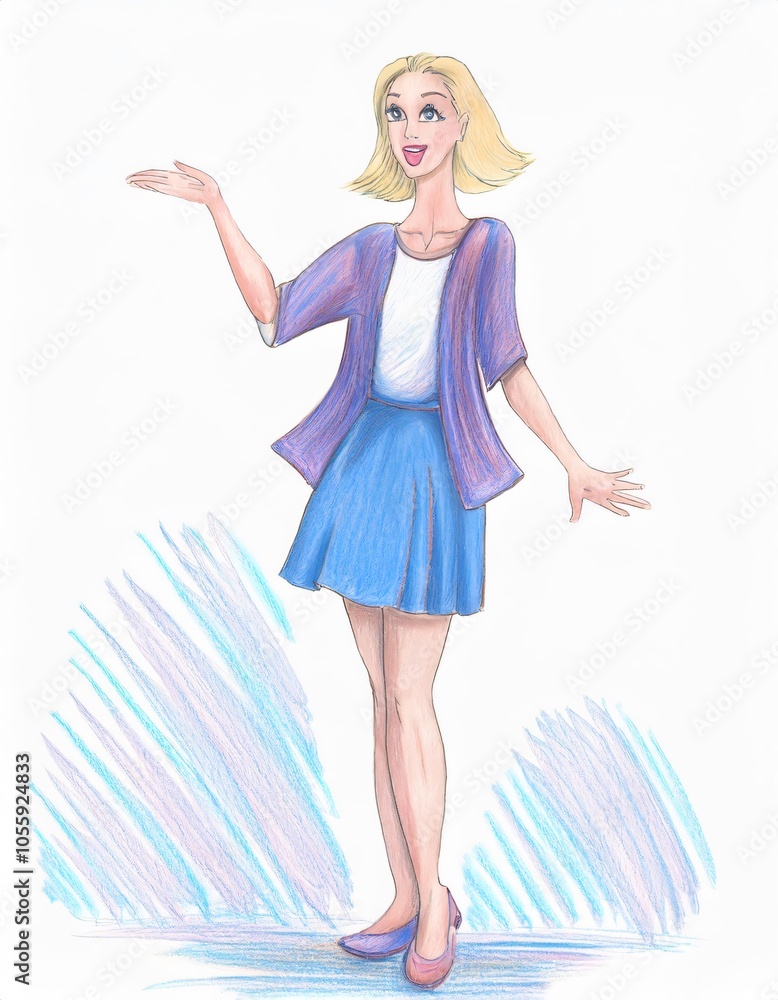 Smiling blonde woman presenting something with open hands and gesturing, hand drawn illustration Smiling blonde woman presenting something with open hands and gesturing, hand drawn illustration