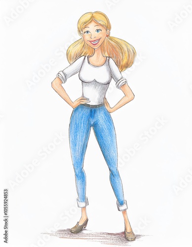 Colored pencil drawing of a cheerful blonde woman standing with hands on her hips, exuding confidence and style