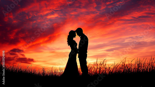 A silhouetted couple stands close at sunset, set against a fiery sky, capturing a romantic moment. Their profiles are embraced by vivid red and orange hues in the background.