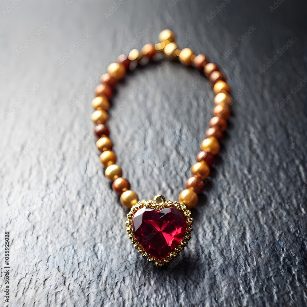 Beautiful heart-shaped ruby pendant on a beaded bracelet displayed on a dark stone surface Beautiful heart-shaped ruby pendant on a beaded bracelet displayed on a dark stone surface