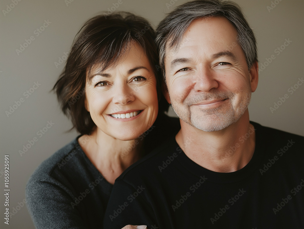 Portrait of a smiling middle-aged couple embracing, showing a bond of love and companionship. The neutral background adds focus to their expressions, perfect for relational themes. Portrait of a smiling middle-aged couple embracing, showing a bond of love and companionship. The neutral background adds focus to their expressions, perfect for relational themes.
