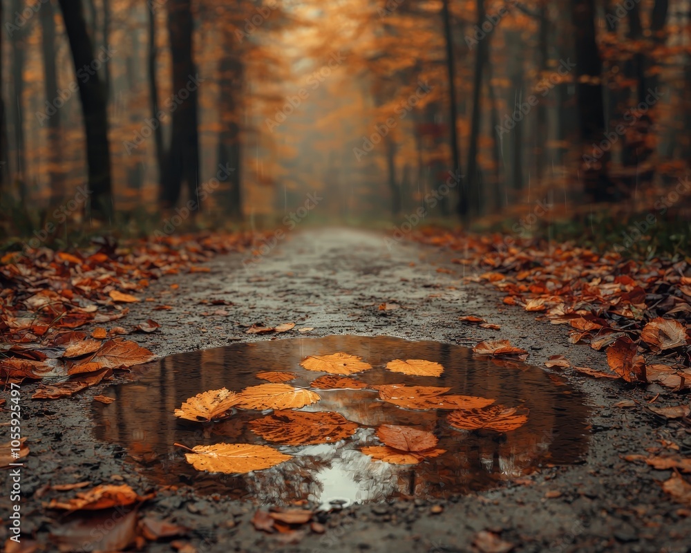 Obraz premium Autumnal Serenity Close-up of Fallen Leaves Floating in Tranquil Forest Puddle, Soft Glow and Misty Surroundings, Nature's Grace and Calmness - Ideal for Nature Blogs and Inspirational Content