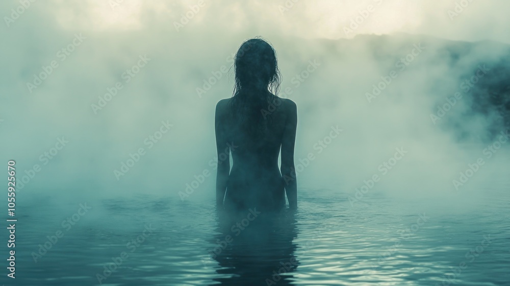 Silhouetted Woman Standing in Misty Water Silhouetted Woman Standing in Misty Water