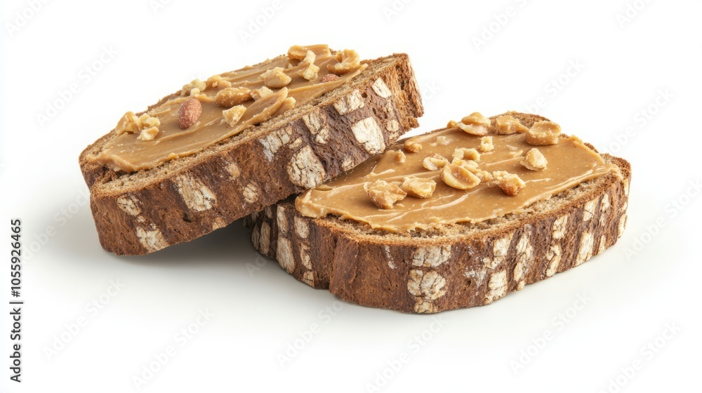 Two slices of bread with peanut butter and nuts on top Two slices of bread with peanut butter and nuts on top