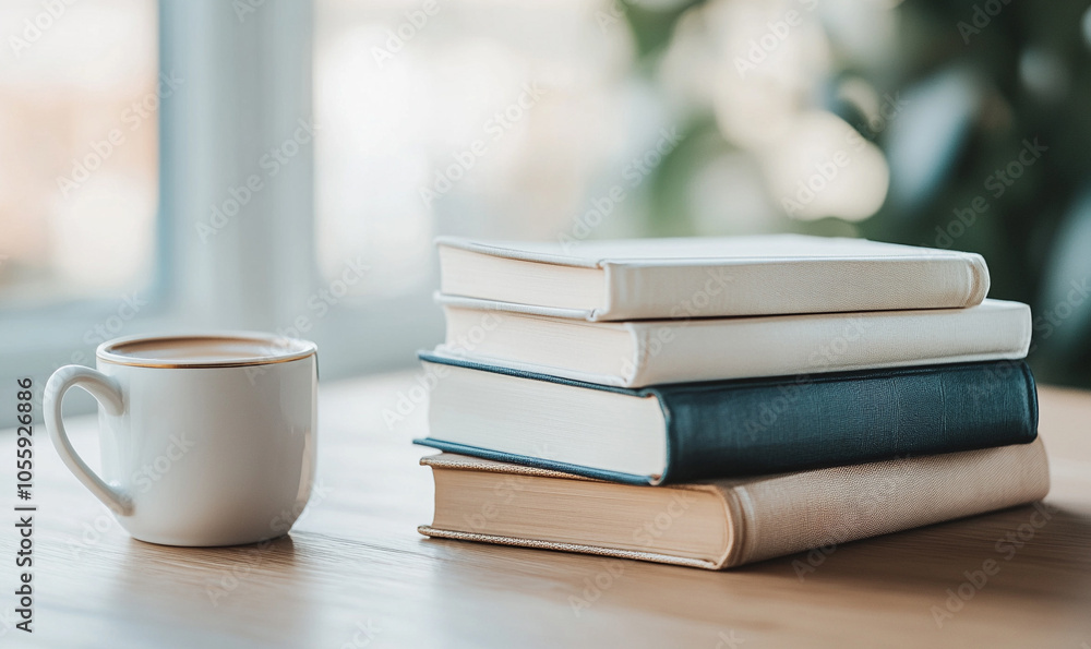 Fototapeta premium A close-up photo of a stack of classic literature books on a wooden table, with a warm cup of coffee beside them.
