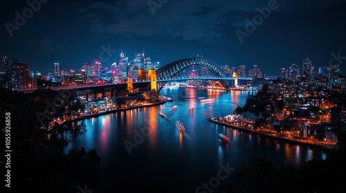 Nighttime View of Sydney Harbour Bridge and Cityscape