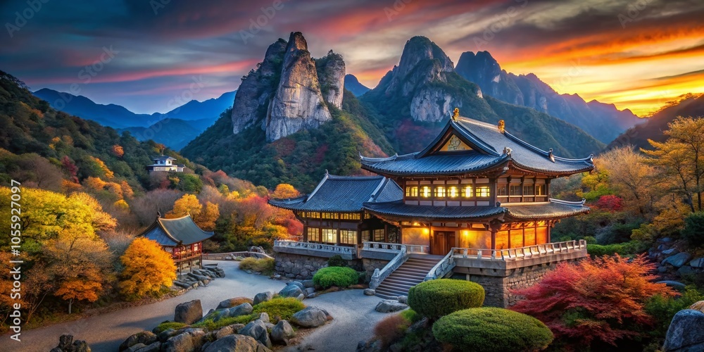Obraz premium Scenic View of Buddhist Temple Amidst Seorak Mountain Landscape in South Korea for Travel and Culture Photography