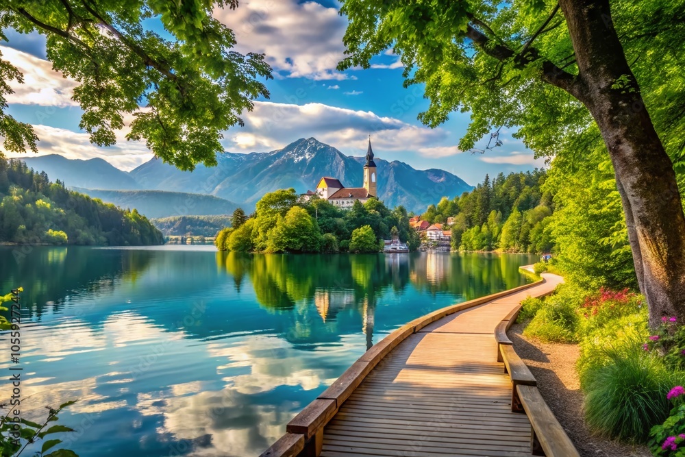 Naklejka premium Scenic Walkway on Lake Bled: Discover Slovenia's Jewel Amidst the Julian Alps for a Perfect Holiday Escape