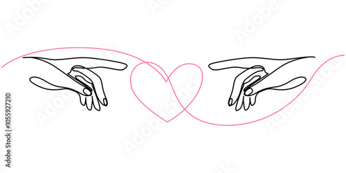 Continuous line vector illustration of two hands with heart barely touching one another. Simple sketch of two hands made of one line, love concept, Caring Continuous Line Icon, Female hands showing