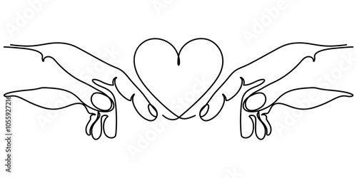Continuous line vector illustration of two hands with heart barely touching one another. Simple sketch of two hands made of one line, love concept, Caring Continuous Line Icon, Female hands showing