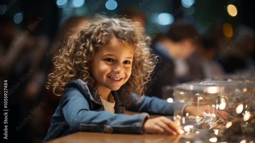 A young girl with curly hair is sitting at a table with a group of people A young girl with curly hair is sitting at a table with a group of people