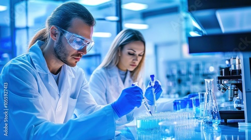 Two Scientists in a Laboratory Working with Test Tubes and Pipettes