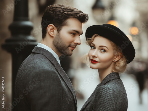 Stylish couple standing close to each other on a romantic city street, dressed elegantly, sharing a quiet, intimate moment as they gaze fondly at one another. photo