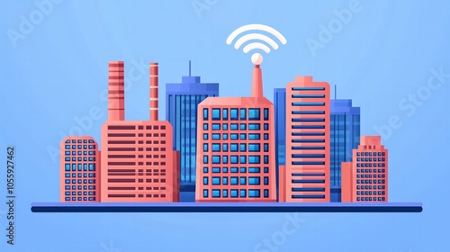 Modern Urban Landscape with Wireless Connectivity Representing Smart Cities and Industry Growth #1055927462