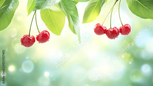 
cherries hang vertically downward on a branch, with two green leaves,