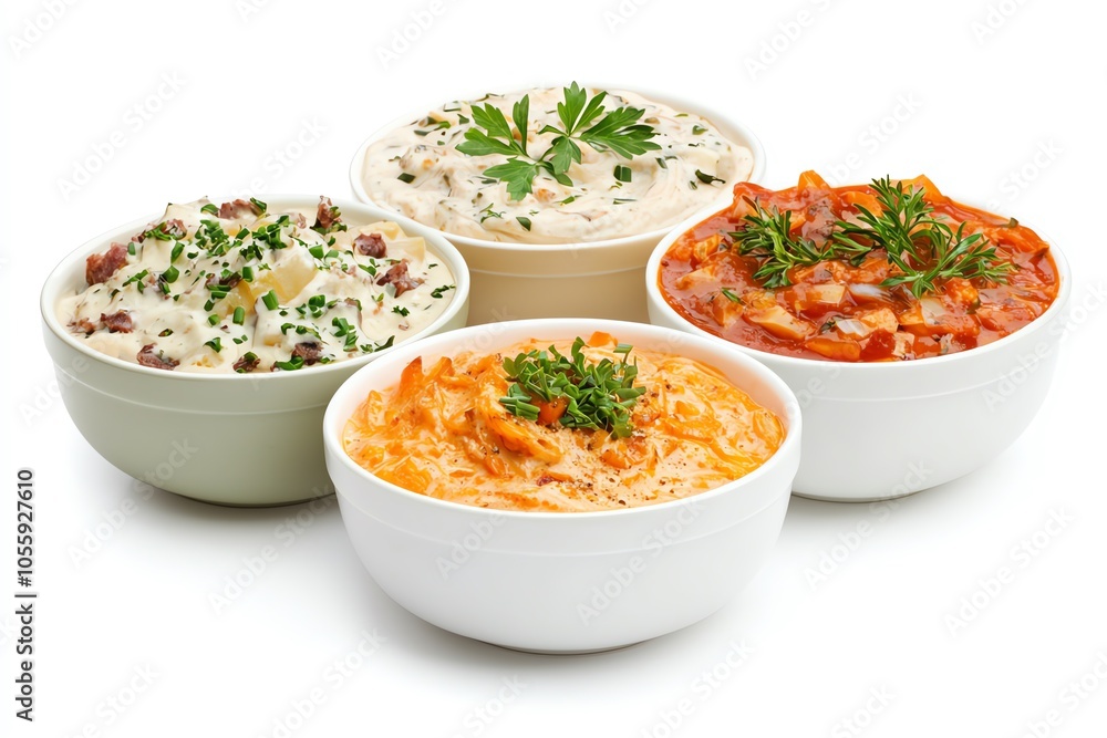 Delicious assortment of rich and creamy dips served in white bowls, perfect for appetizers and entertaining. Delicious assortment of rich and creamy dips served in white bowls, perfect for appetizers and entertaining.
