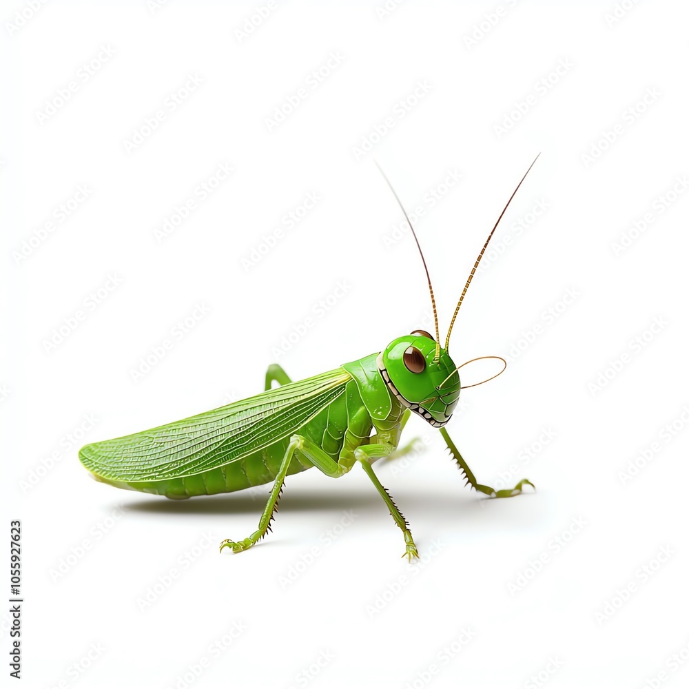 A close-up of a vibrant green grasshopper, showcasing its intricate details and textures on a plain white background. A close-up of a vibrant green grasshopper, showcasing its intricate details and textures on a plain white background.