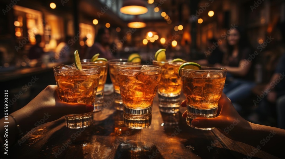 A group of people are holding up glasses of liquor A group of people are holding up glasses of liquor