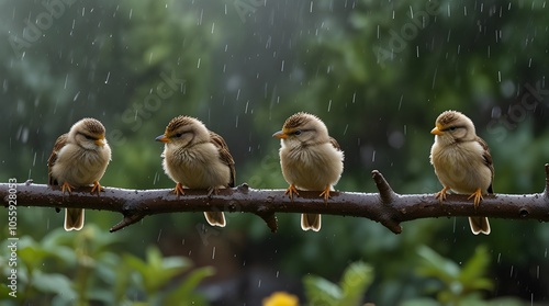 natural panoramic photo with little funny birds and Chicks sitting on a branch in summer garden in the rain. generative.ai