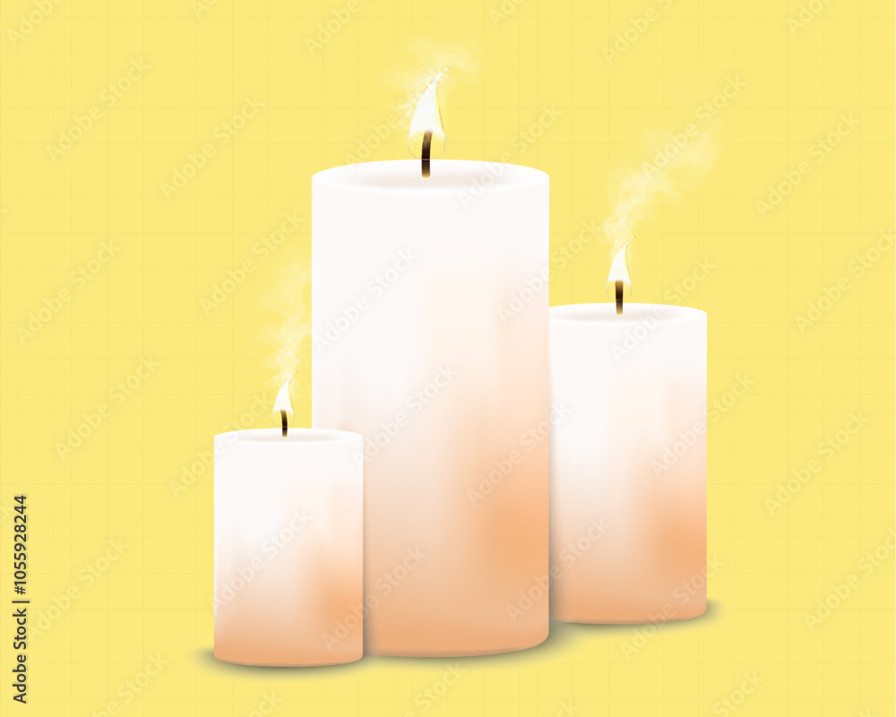 Wax candle with flame and smoke. Vector candle for design. Wax candle with flame and smoke. Vector candle for design.