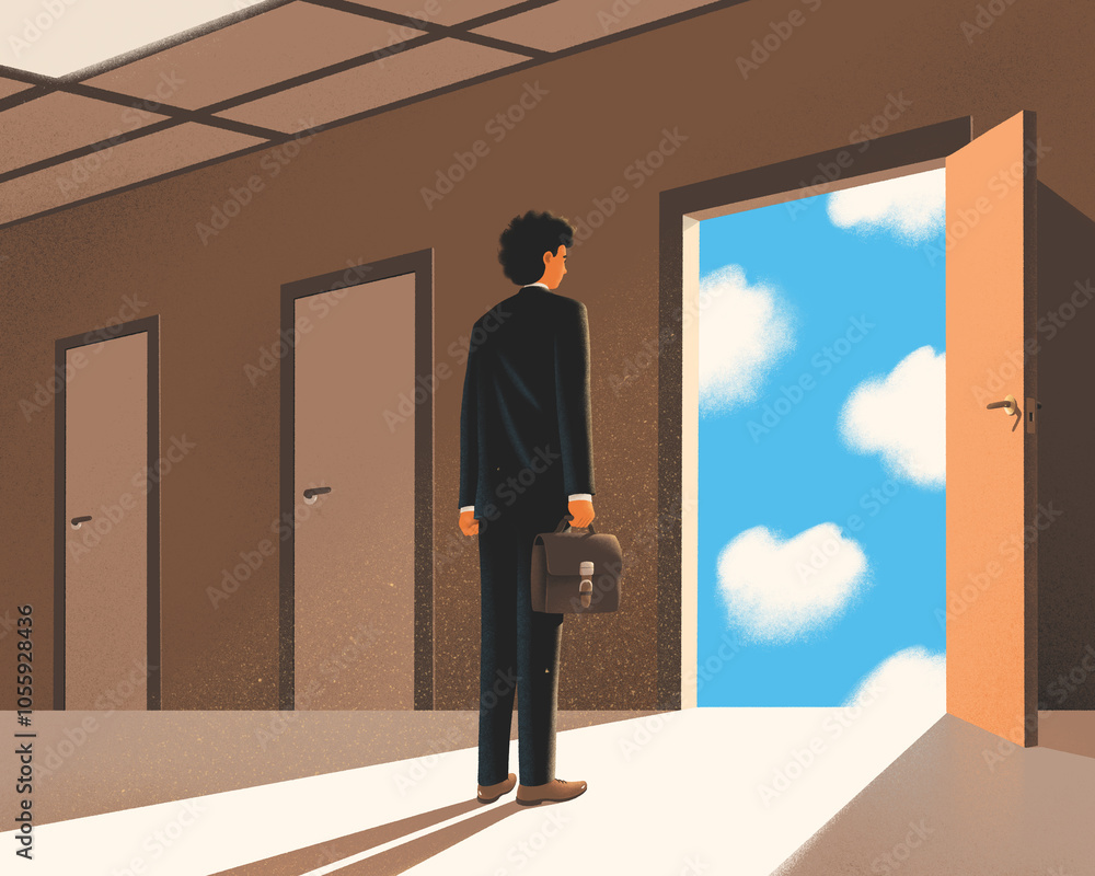 Fototapeta premium Man in suit in office. Door to heaven, way to goal. Clouds in blue sky