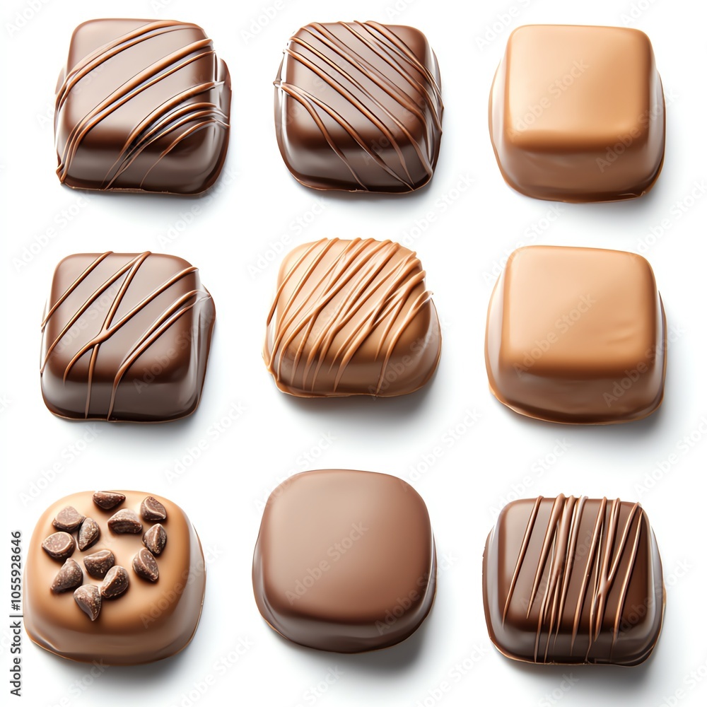 Delicious assorted chocolates arranged in a grid isolated on white background, featuring smooth, creamy textures and decorative drizzles for a tempting treat. Delicious assorted chocolates arranged in a grid isolated on white background, featuring smooth, creamy textures and decorative drizzles for a tempting treat.
